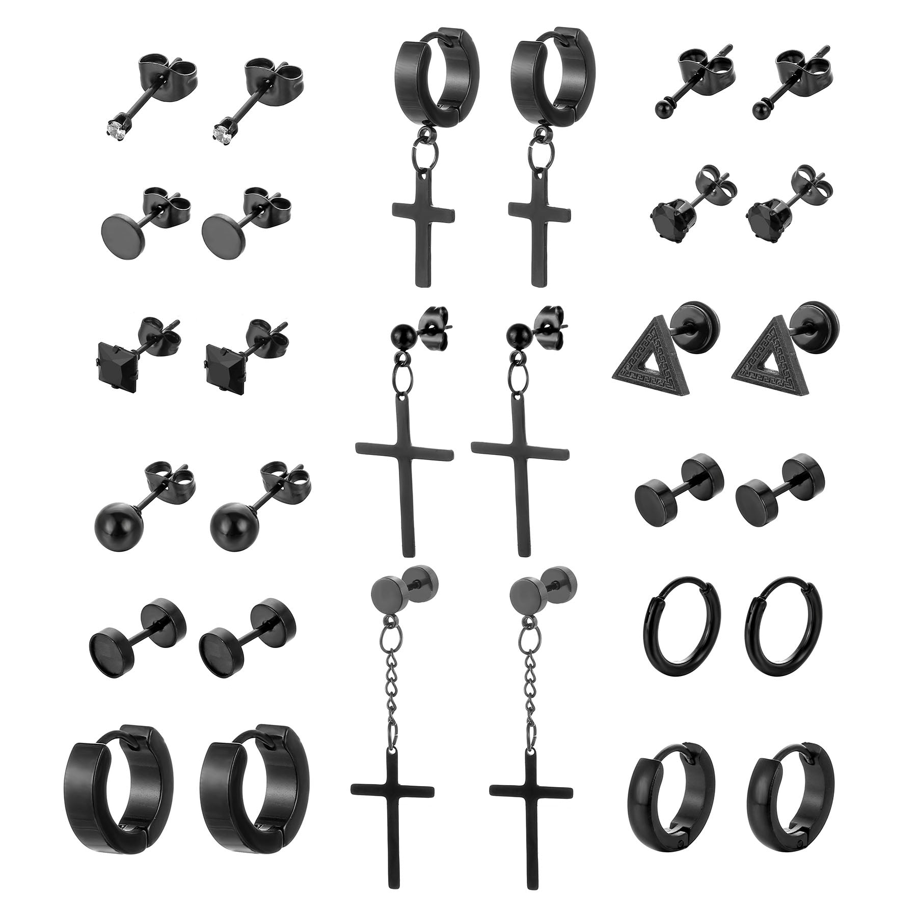 YYJFF 15 Pairs Black Earring For Men Cross Black for Men Women Earring Stud Stainless Steel