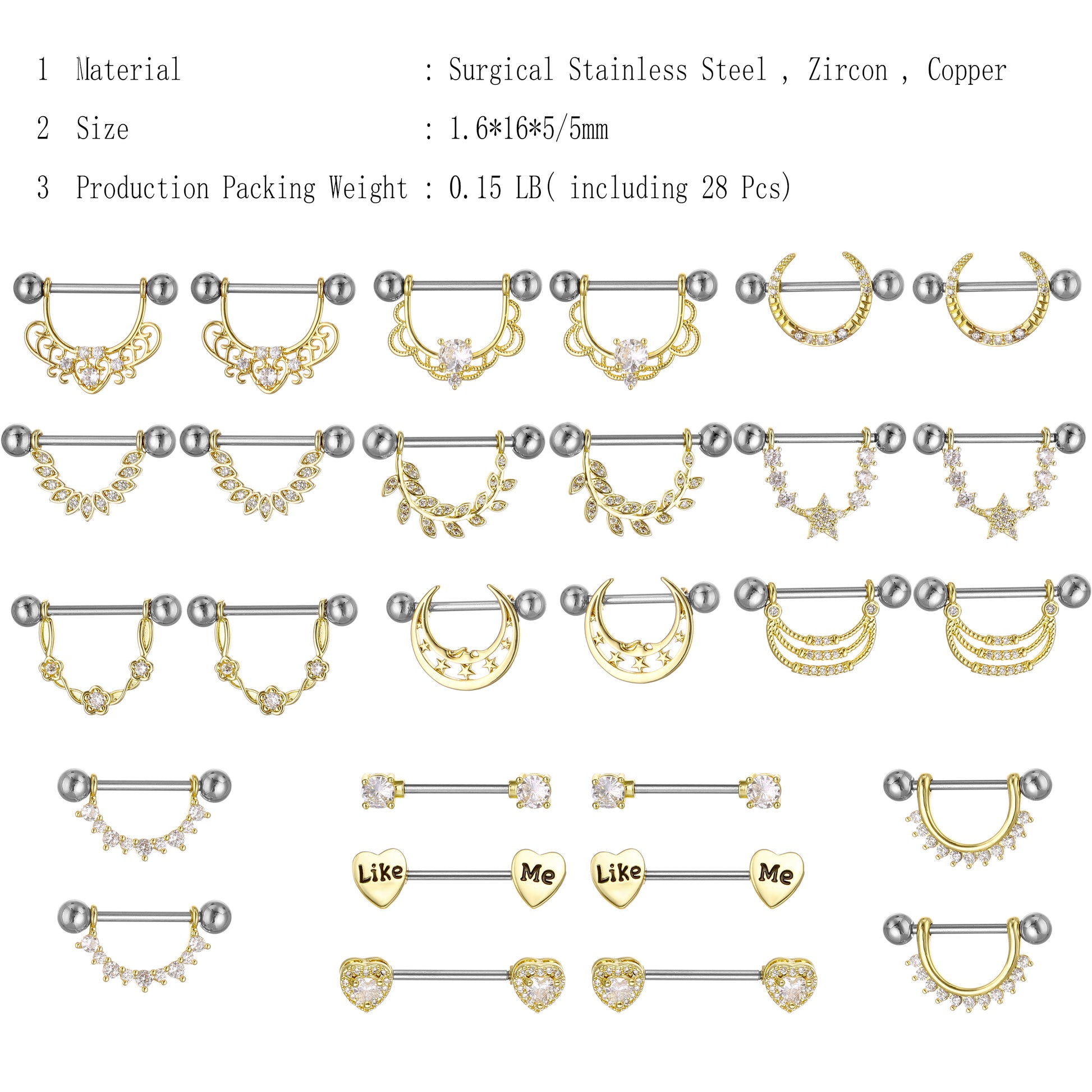 YYJFF 28 Pcs Nipple Rings 14Ga 16mm Surgical Stainless Steel Zircon Copper Piercing Jewelry Tongue Rings Straight Barbells Length Heart Shape