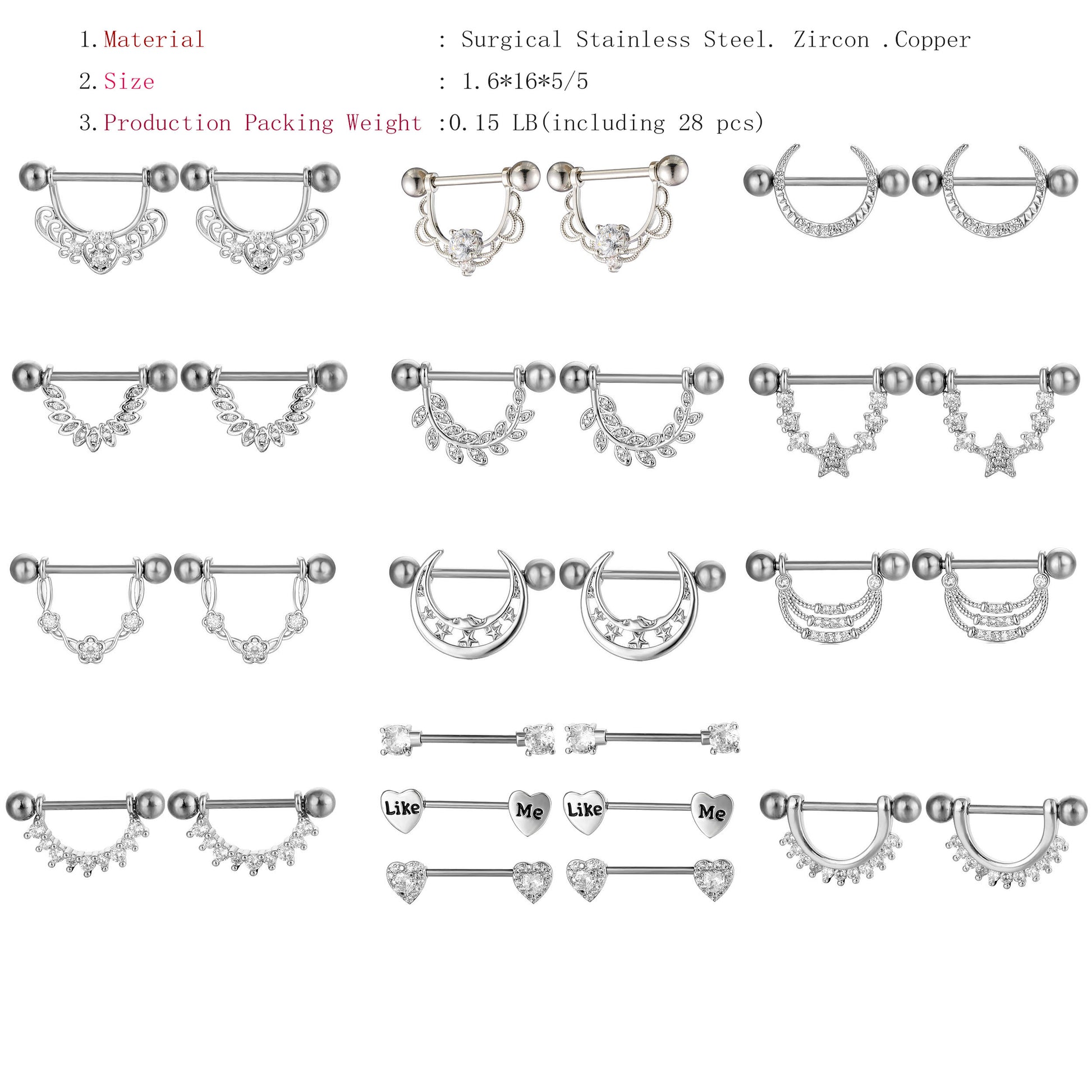 YYJFF 28 Pcs Nipple Rings 14Ga 16mm Surgical Stainless Steel Zircon Copper Piercing Jewelry Tongue Rings Straight Barbells Length Heart Shape