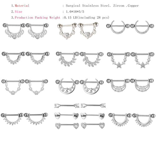 YYJFF 28 Pcs Nipple Rings 14Ga 16mm Surgical Stainless Steel Zircon Copper Piercing Jewelry Tongue Rings Straight Barbells Length Heart Shape