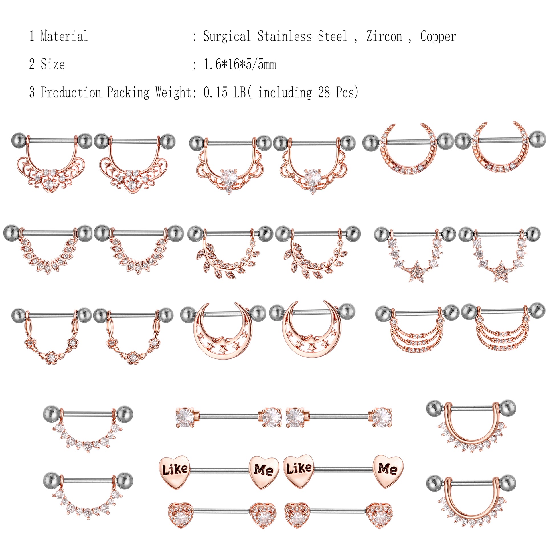 YYJFF 28 Pcs Nipple Rings 14Ga 16mm Surgical Stainless Steel Zircon Copper Piercing Jewelry Tongue Rings Straight Barbells Length Heart Shape